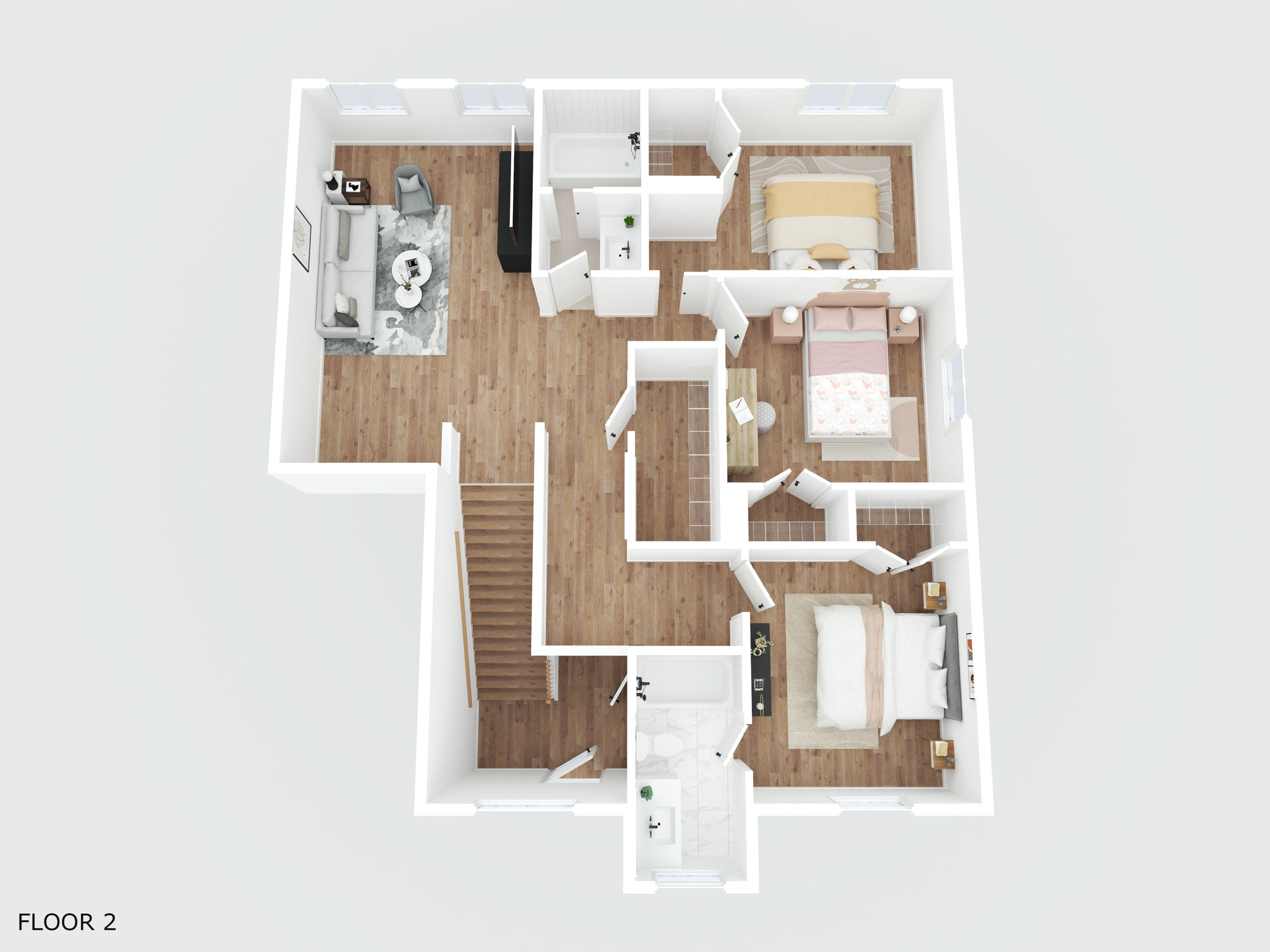 colored three dimensional floorplan second floor